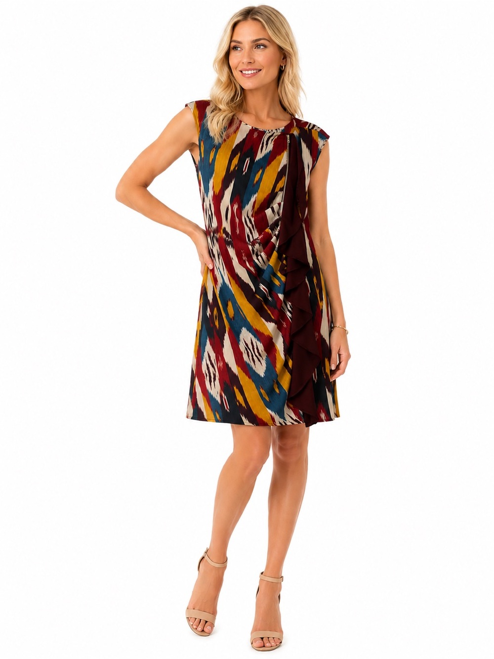 Liu Jo Jeans Abstract Print Ruffle Dress IT 44 US LARGE Italian Designer Resort